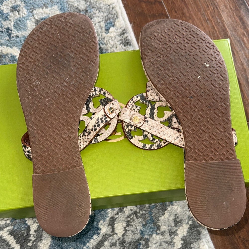 Tory Burch Snake-Embossed Miller Sandals in Beige and Black - Picture 3 of 7